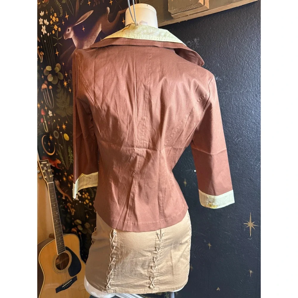 West 36 Brown Cotton Blazer Jacket Floral Collar Rhinestone Heart Size M J104